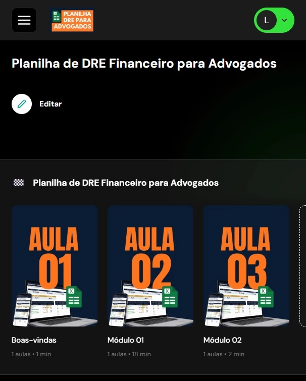 Print real da área de membros com as 3 aulas bônus: Boas-vindas, Módulo 01 e Módulo 02